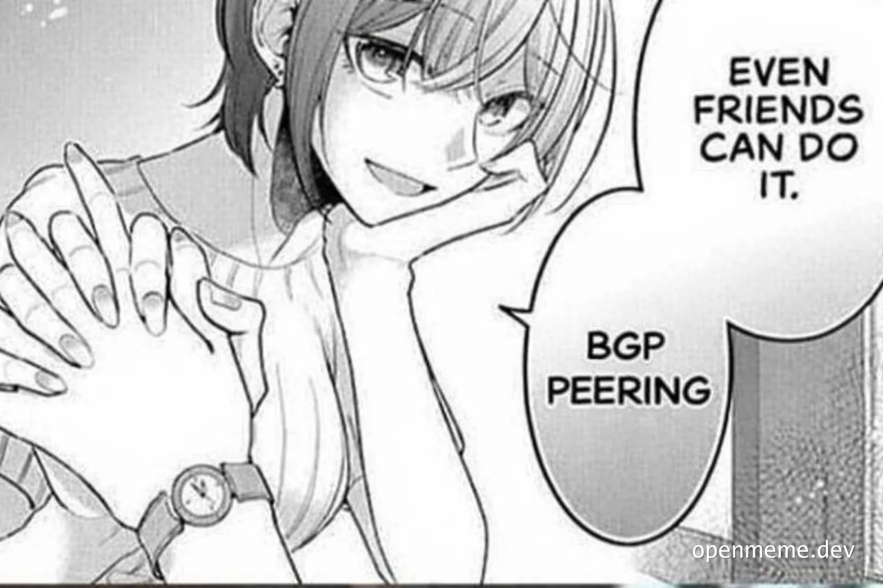 Manga panel of a girl holding hands with text saying 'Even friends can do it. BGP Peering.'