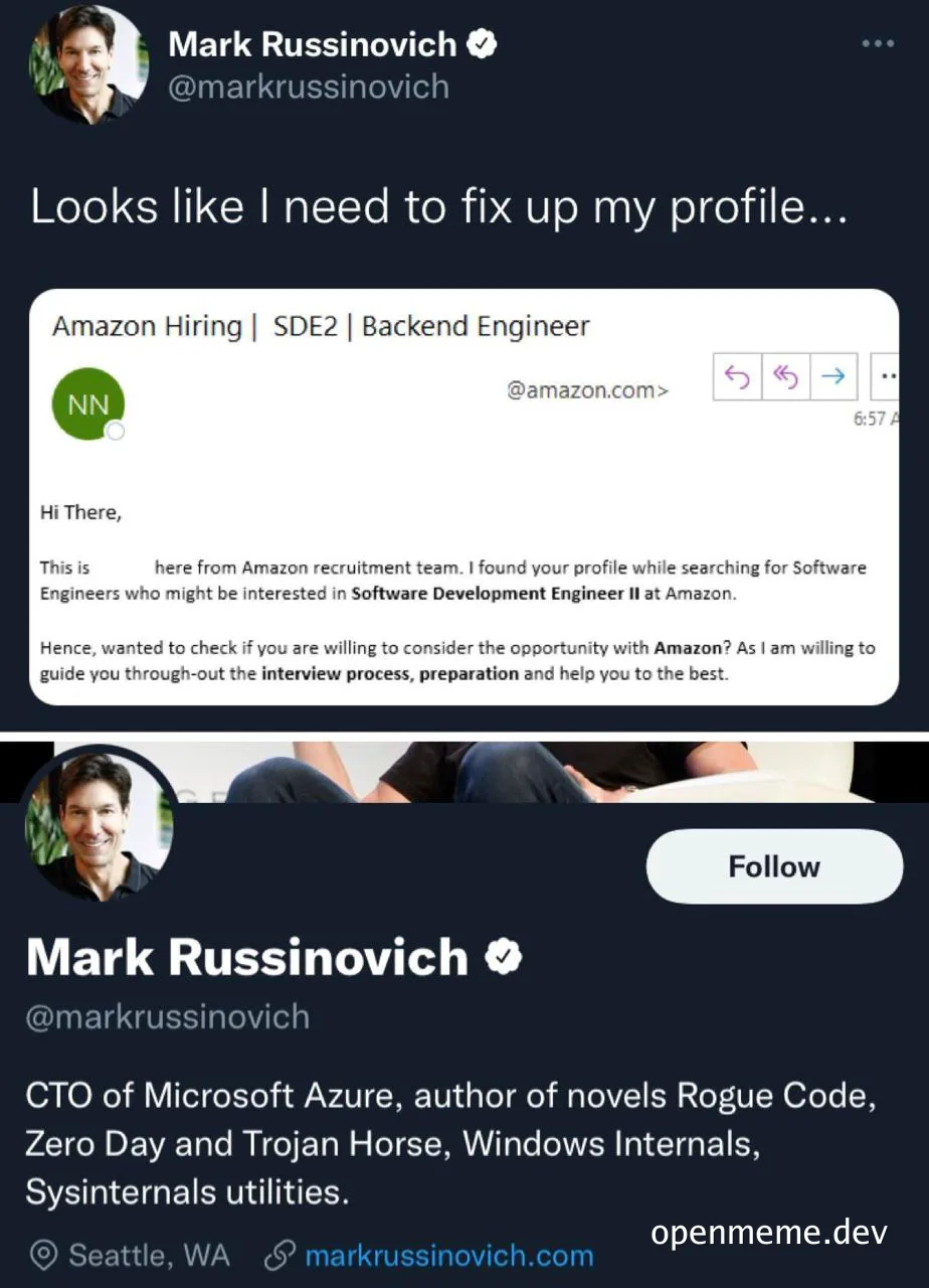 Mark Russinovich CTO of Microsoft Azure on Twitter receiving a fake Amazon job offer